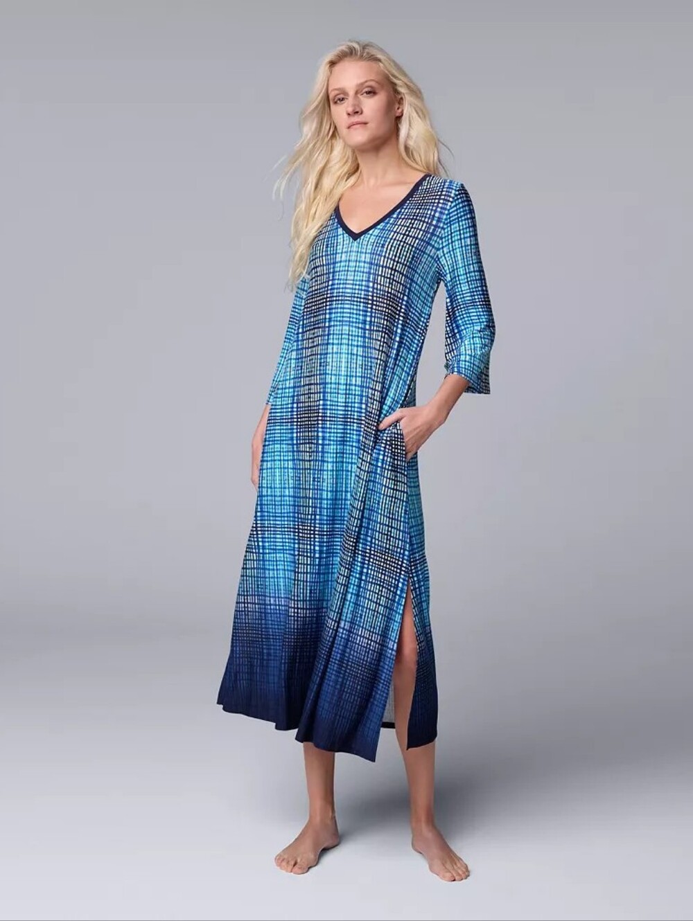 Simpy Vera Vera Wang Blue Plaid V-Neck 3/4 Sleeve Sleep Caftan Size XXL